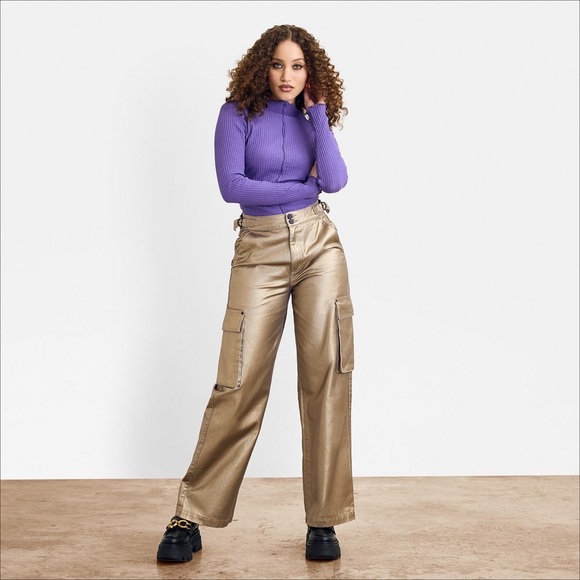 Circus NY metallic gold foil High Rise Slouchy Cargo Denim Jean pants NWT - Picture 4 of 16